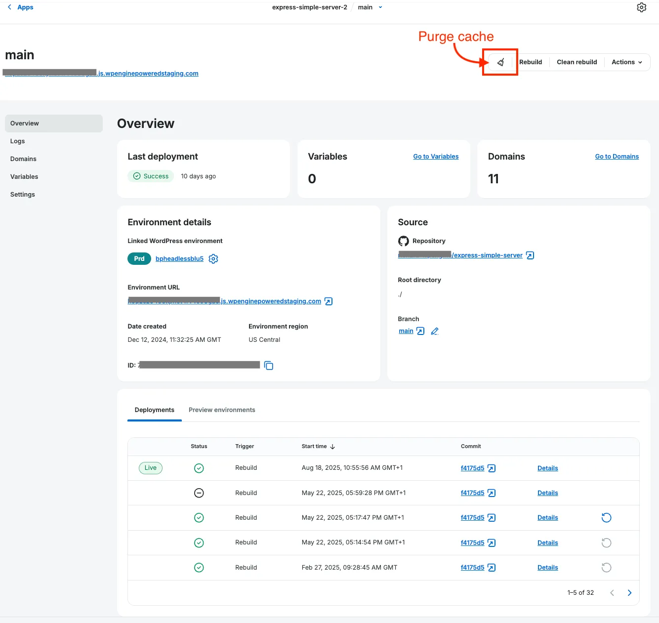 Environment Overview panel for Headless Platform app's environment with clean rebuild and domains cache highlighted